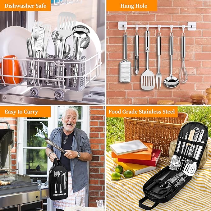 Camping Cooking Utensils Set, Stainless Steel Grill Tools, Camping BBQ Cookware Gear and Equipment