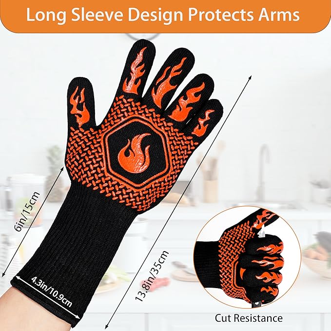 BBQ Fireproof Gloves, Grill Cut-Resistant Gloves 1472°F Heat Resistant Gloves, Non-Slip Silicone