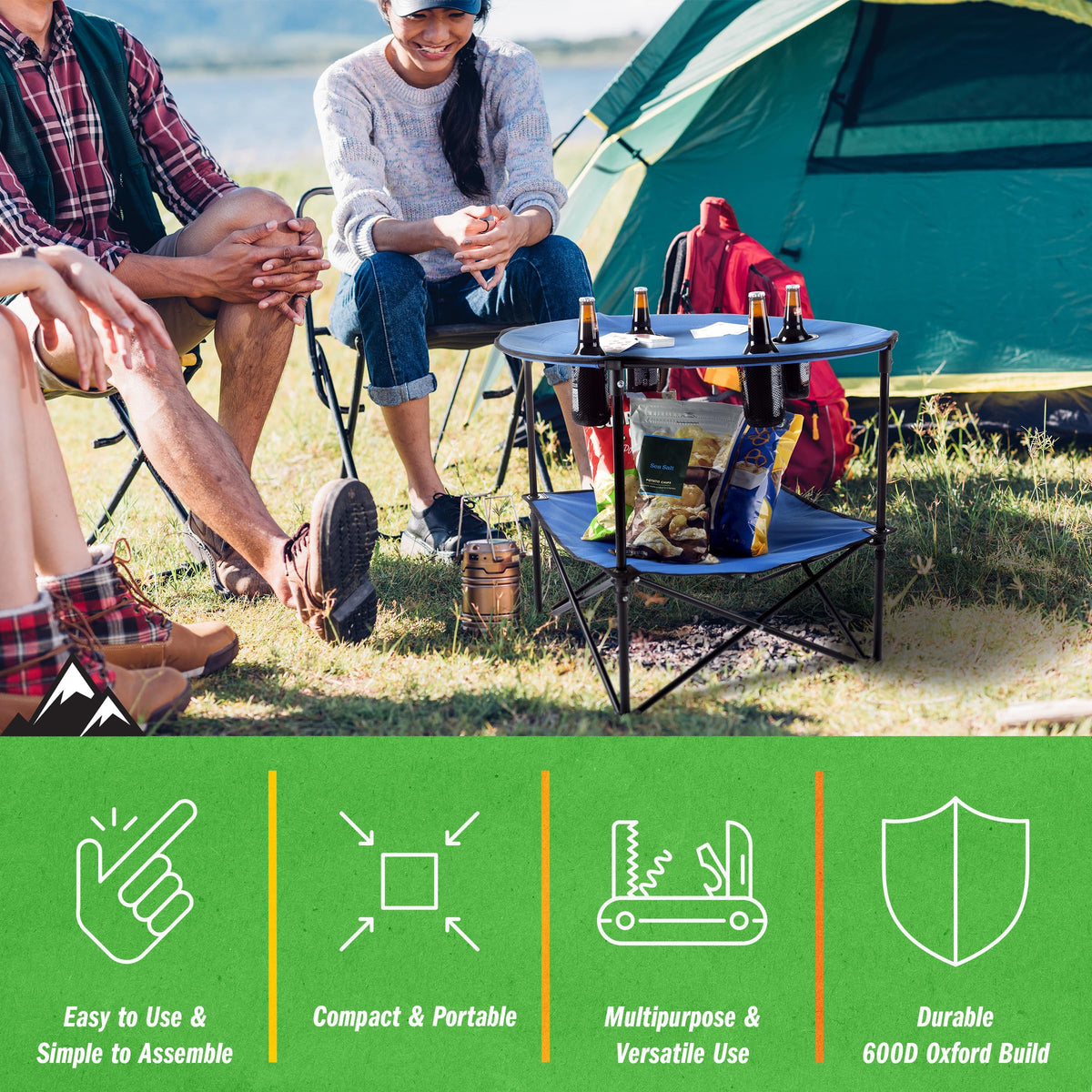 Wakeman Camp Table - Round 2-Tier Folding Table with 4 Cupholders and Carrying Bag - for Camping