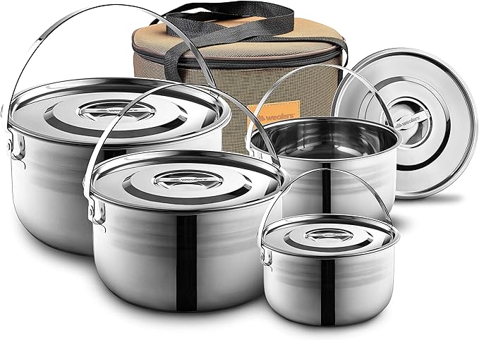 Camping Cookware Set - Compact Stainless Steel Campfire Cooking Pots and Pans | Combo Kit with