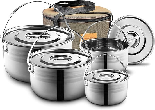 Camping Cookware Set - Compact Stainless Steel Campfire Cooking Pots and Pans | Combo Kit with