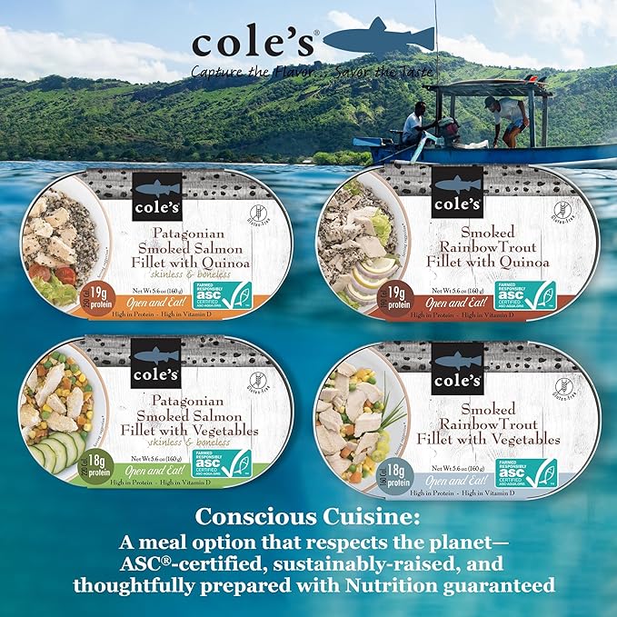 COLE’S Open & Eat Meals Variety Pack | 5.6 oz Hand-Packed Smoked Salmon & Trout with Quinoa &