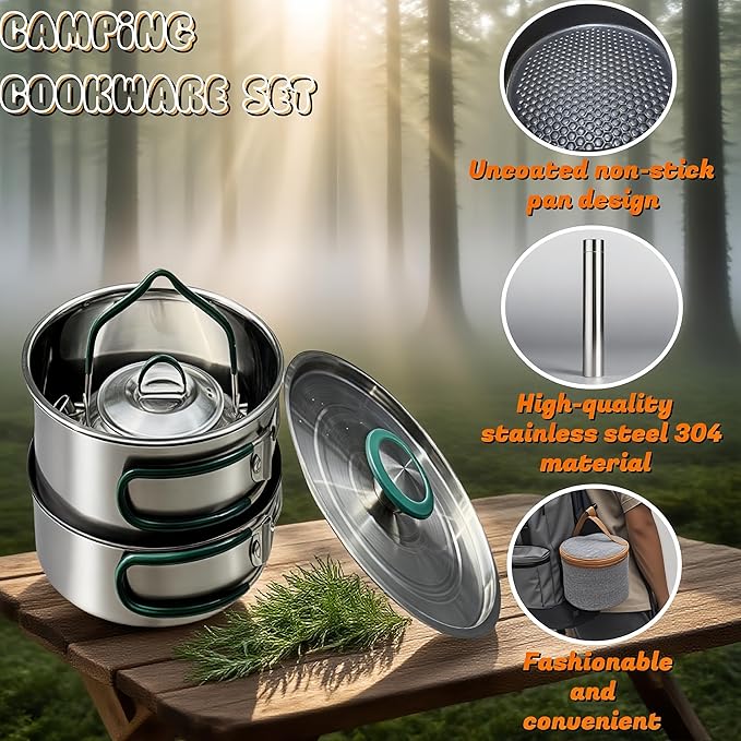 Stainless Steel Camping Cookware, durable, easy to clean, and quick to heat up. Compact camping