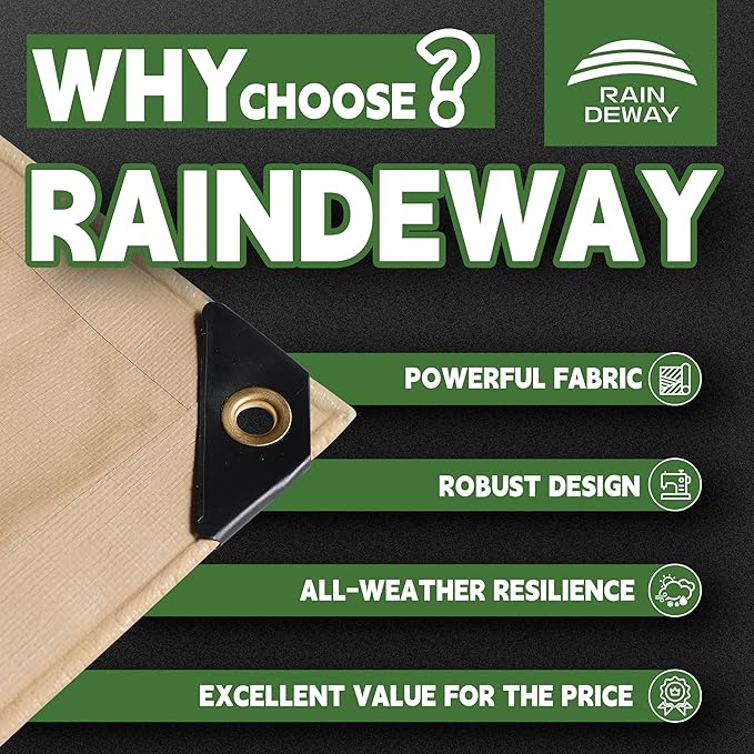RAINDEWAY 10x12 Feet Heavy Duty Tarp,12 Mil Tan Waterproof Poly Tarp Cover,UV