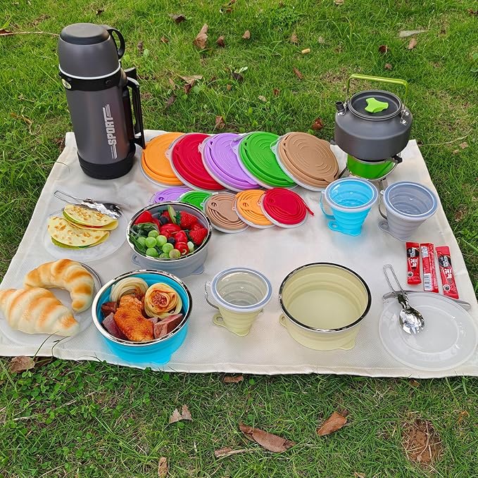 Mess Kit for Camping Silicone Collapsible Bowl Collapsible Cup and Stainless Steel Spoon for