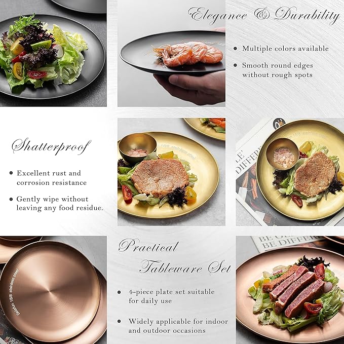 Stainless Steel Plates Metal 18/8 Round Dinner Plates - Set of 4 - Food-Grade Dishwasher Safe 9inch