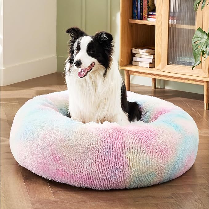 Bedsure Calming Dog Bed for Large Dogs - Donut Washable Large Pet Bed, Anti-Slip Round Fluffy Plush