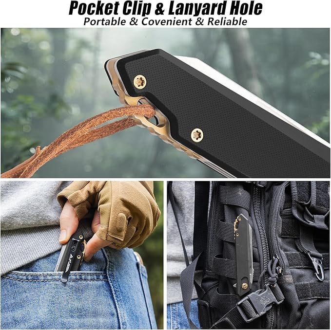 FLISSA Folding Pocket Knife, EDC Knife with D2 Steel Blade and G10 Handle, Pocket Clip, Suitable