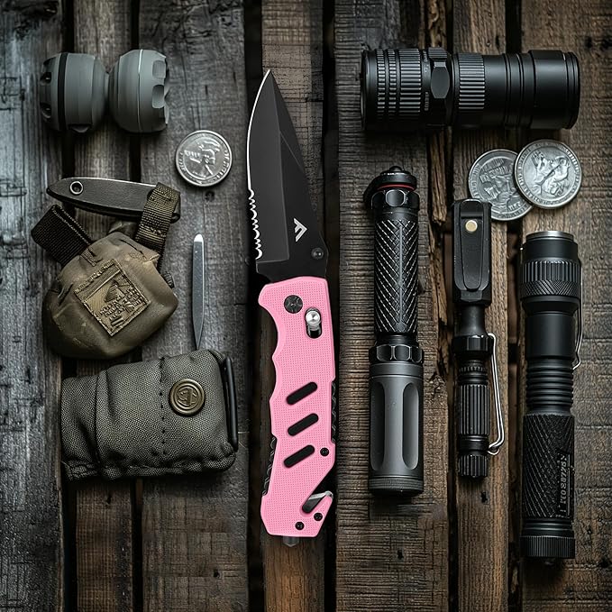 FLISSA Folding Pocket Knife with Clip, Glass Breaker and Seatbelt Cutter, Survival Knife for