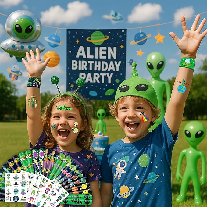 72 PCS Alien Party Favors 48 Tattoos Sticker and 24 Slap Bracelets Wristbands Perfect for Space