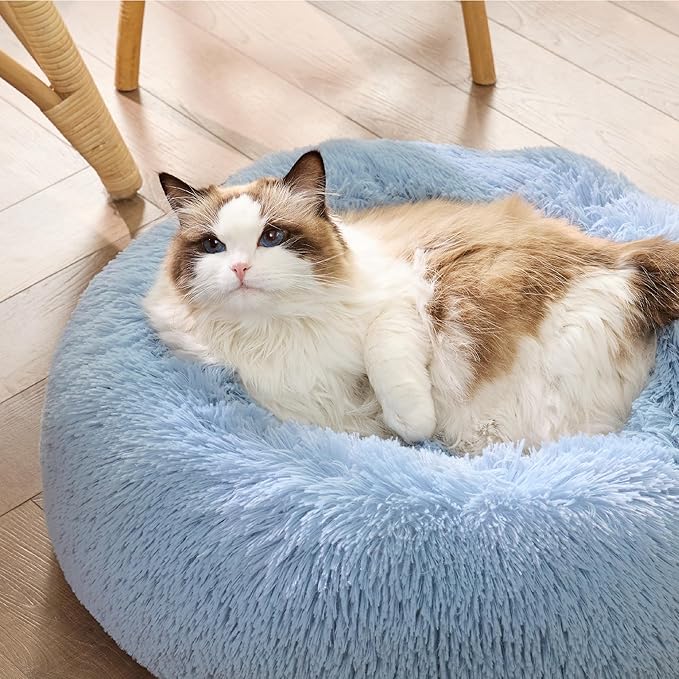 Bedsure Calming Cat Beds for Indoor Cats - Small Washable Round Cat Bed, Anti-Slip Fluffy Plush