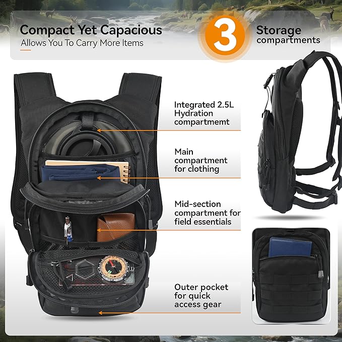 MARCHWAY Tactical Molle Hydration Pack with 2.5L TPU Water Bladder, Low-Profile Organized Military