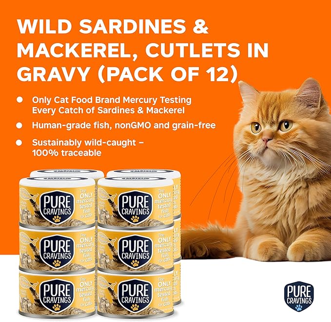 Pure Cravings Wet Cat Food Canned Mackerel and Sardine Cutlets in Gravy, Every Catch is Mercury