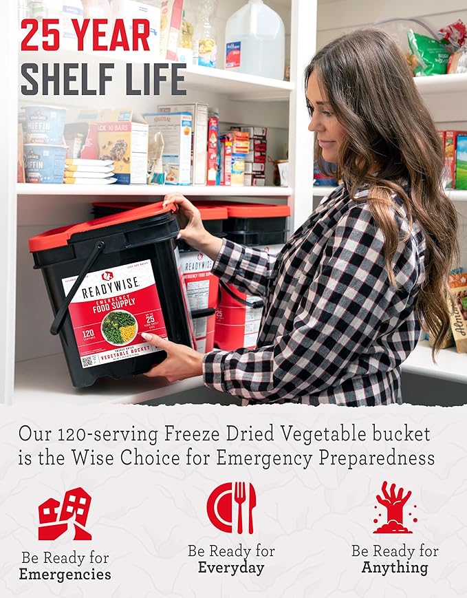 ReadyWise Emergency Food Supply - 120 Servings Freeze Dried Vegetables Bucket, Dehydrated Meals