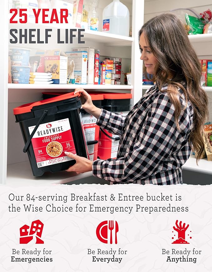 ReadyWise Emergency Food Supply - 84 Servings Breakfast & Entrée Bucket, Protein Meals, Dehydrated