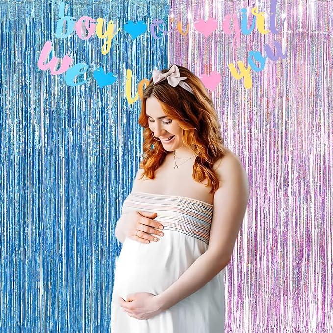 BRAVESHINE Pink Blue Tinsel Foil Fringe Curtains - 2Pcs 3.2x8.2ft Holidays Photo Streamers Backdrop