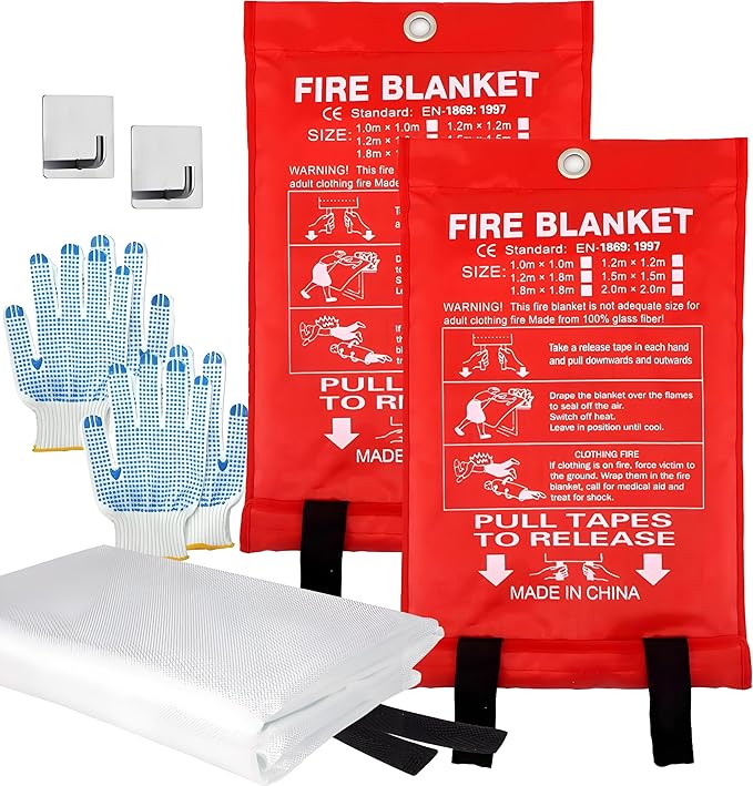 MDH Fire Blanket 40x40 inches Fiberglass w/Gloves Hooks Whistle - Fireproof Safety for Home Kitchen