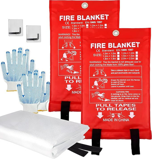 MDH Fire Blanket 40x40 inches Fiberglass w/Gloves Hooks Whistle - Fireproof Safety for Home Kitchen