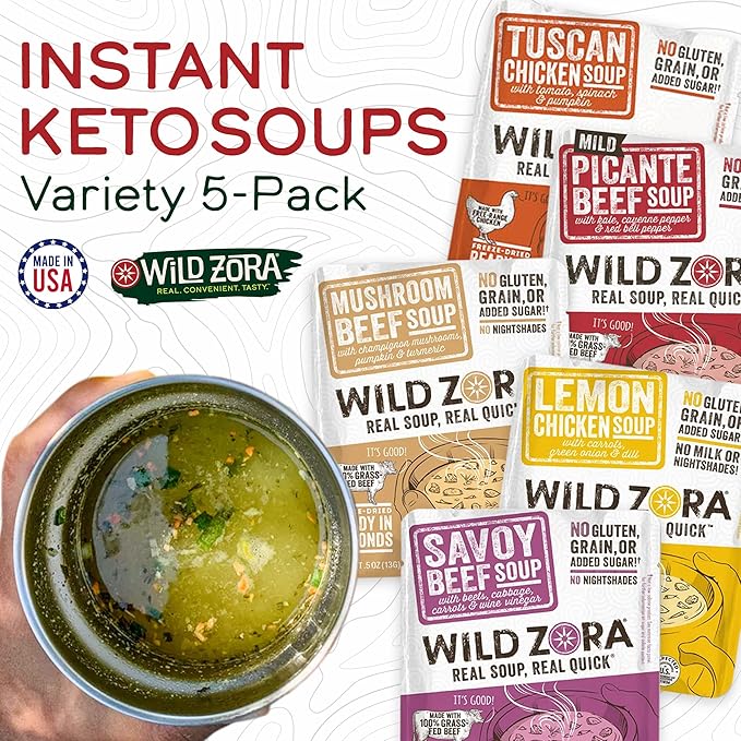 Wild Zora Instant Keto-Friendly Soups 5-Pack Variety, Broth Made with Grass-Fed Beef, Free-Range