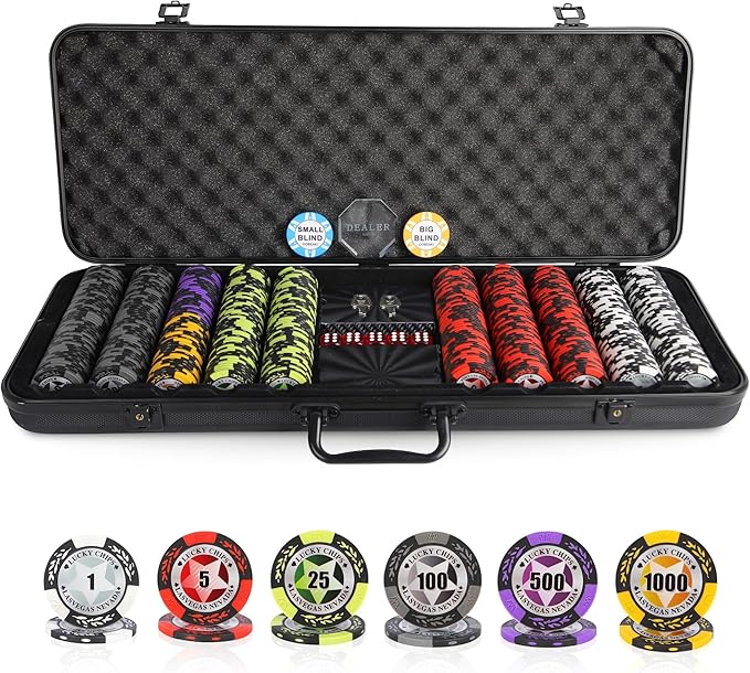 ORIENGEAR Poker Chip Set with Denominations, 500 PCS 14 Gram Clay Composite Casino Chips with ABS
