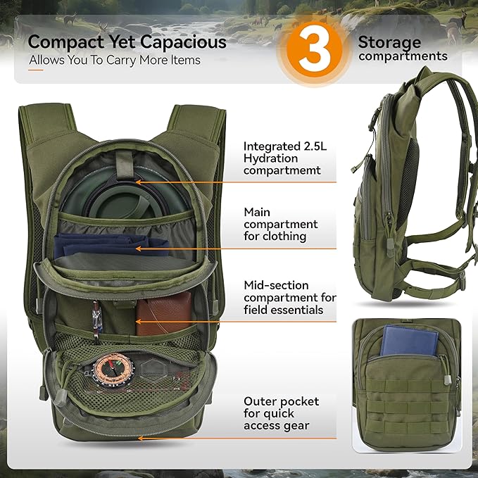 MARCHWAY Tactical Molle Hydration Pack with 2.5L TPU Water Bladder, Low-Profile Organized Military