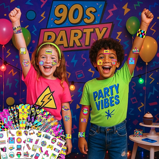 72PCS 90s & 80s Party Favors - 48PCS Pre-Cut Tattoos & 24PCS Slap Bracelets, Retro 90s Birthday