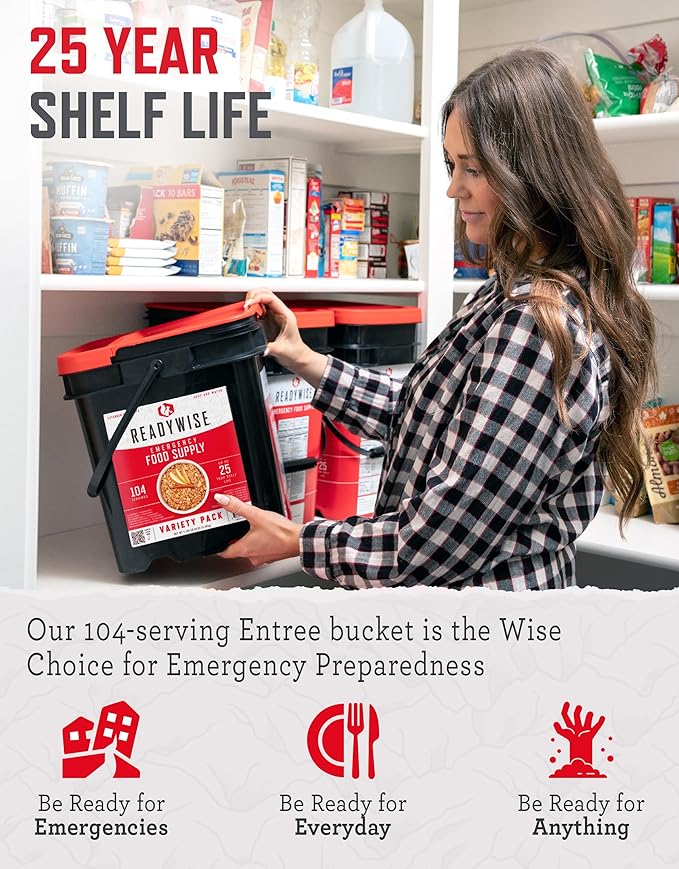 ReadyWise Emergency Food Supply - 104 Servings Variety Pack Bucket, Protein Meals, Dehydrated &