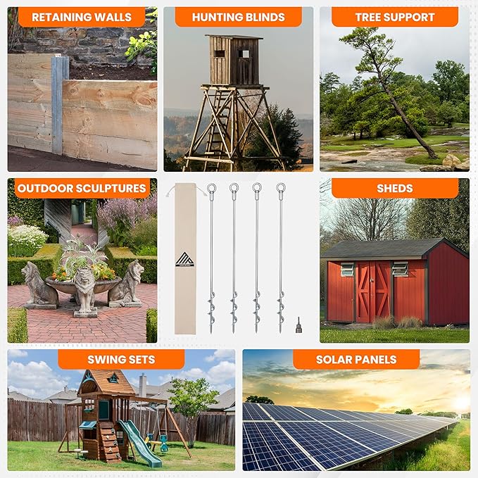 Earth Anchors - 24" Set of 4 Heavy Duty Ground Stakes with Drill Bit - Mobile Home, Shed & Swing