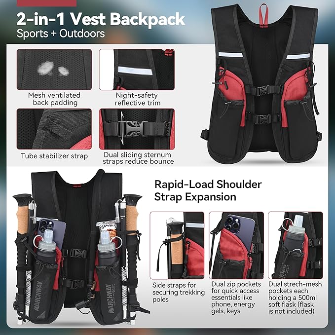 MARCHWAY Lightweight Hydration Backpack with Vest Style Straps & 2.5L TPU Water Bladder, Versatile