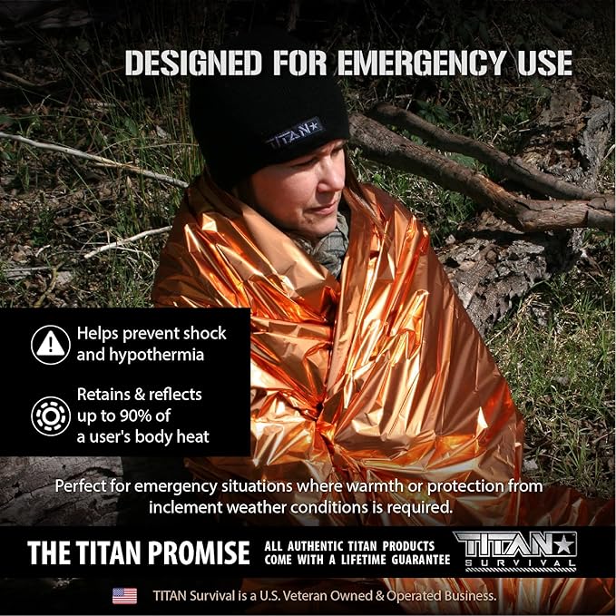 TITAN Survival - Mylar Survival Blankets 5 Pack - 90% Heat Retention & Waterproof Design