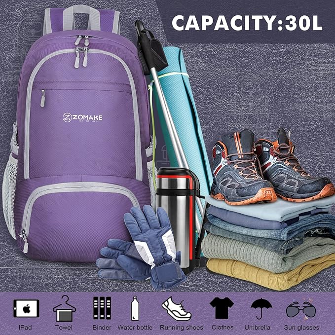 ZOMAKE Lightweight Packable Backpack 30L - Foldable Hiking Backpacks Water Resistant Compact