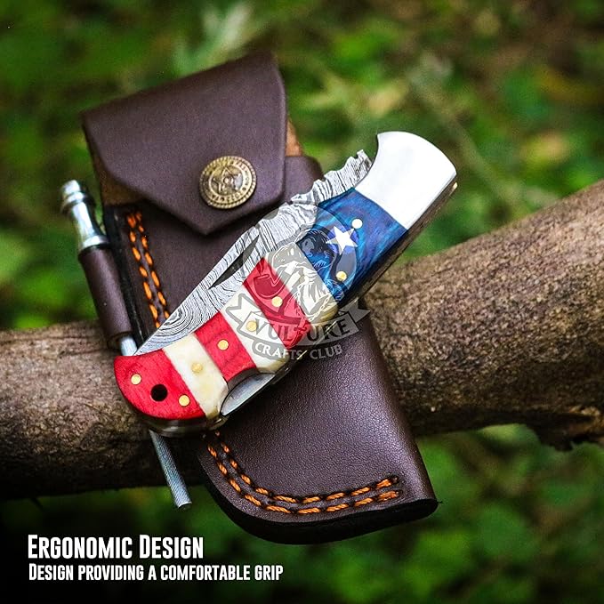 Damascus Steel Pocket Knife with Clip and Leather Sheath - EDC Knife for Outdoor and Camping