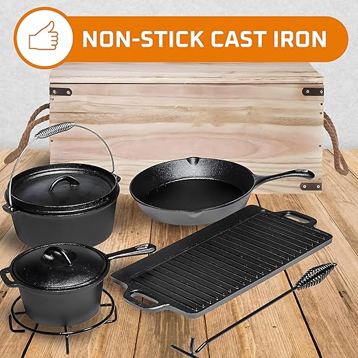 Bruntmor Camping Cooking Set of 7. Pre Seasoned Cast Iron Pots and Pans Dutch Oven with Lids for