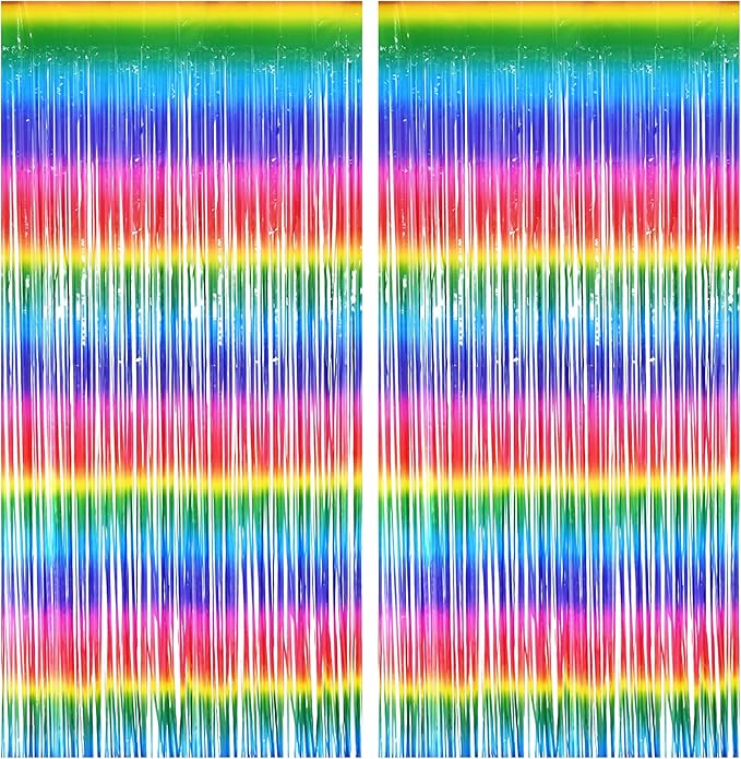 BRAVESHINE Fringe Backdrop Tinsel Foil Curtains - 2 Pack Colorful Metallic Streamers Backdrops for