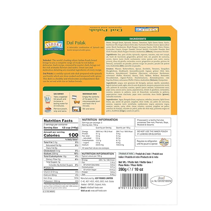 Ashoka All-Natural Entrees 1932, Vegan Spinach and Lentils, Microwave Friendly Meals, Authentic