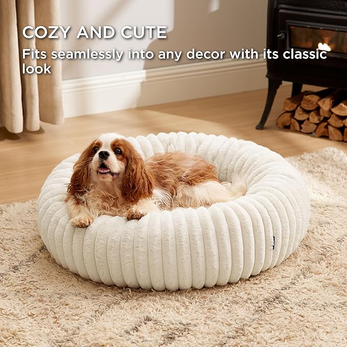 Bedsure Donut Medium Dog Bed - Washable Faux Fur with Corduroy Fleece & Anti Slip Bottom, Round Pet