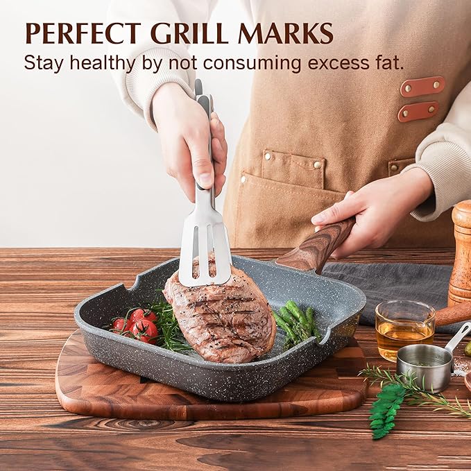 SENSARTE Nonstick Grill Pan for Stove Tops, Versatile Griddle Pan with Pour Spouts, Square Grill