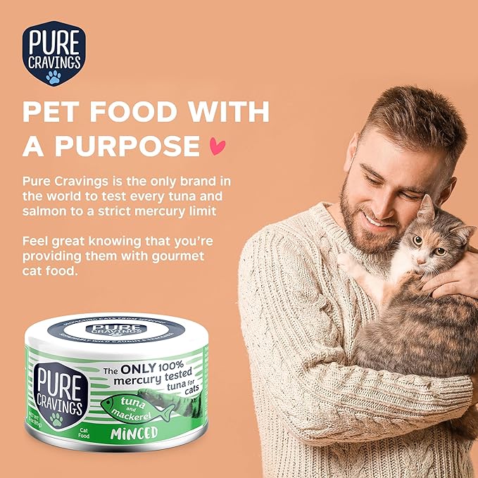 Pure Cravings Minced Tuna and Mackerel Wet Canned Cat Food, 100% Mercury-Tested Tuna, Moist Can