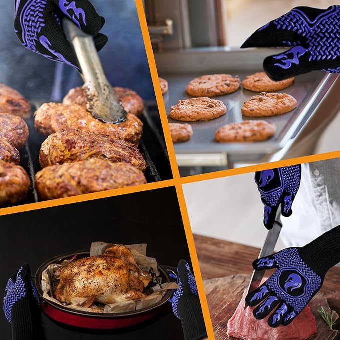 BBQ Fireproof Gloves, Grill Cut-Resistant Gloves 1472°F Heat Resistant Gloves, Non-Slip Silicone