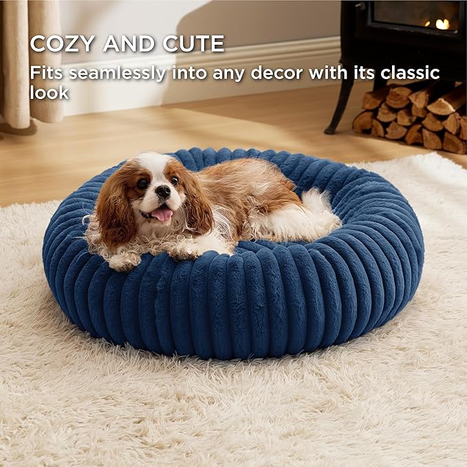 Bedsure Donut Medium Dog Bed - Washable Faux Fur with Corduroy Fleece & Anti Slip Bottom, Round Pet