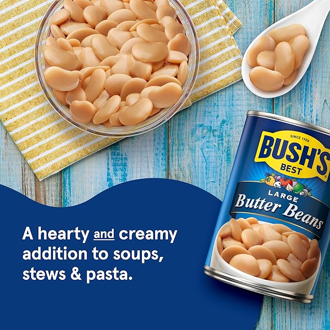 BUSH'S BEST 16 oz Canned Large Butter Beans, Source of Plant Based Protein and Fiber, Low Fat