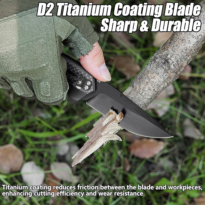 FLISSA Pocket Folding Knife, 3.2??D2 Blade Carbon Fiber Handle EDC Knife with Pocket Clip for