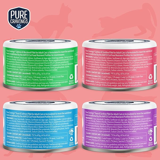 Pure Cravings Pate, Canned Wet Cat Food, 100% Mercury-Tested, Moist Can Fish, Grain-Free Protein