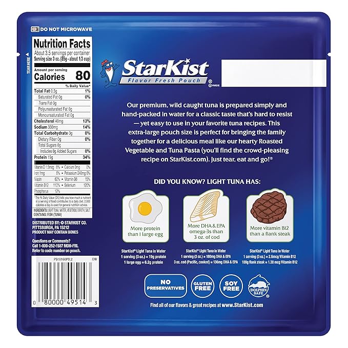 StarKist Chunk Light Tuna in Water, 11 oz Pouch (12 Pack) Ready to Eat Wild Caught Tuna, 19g