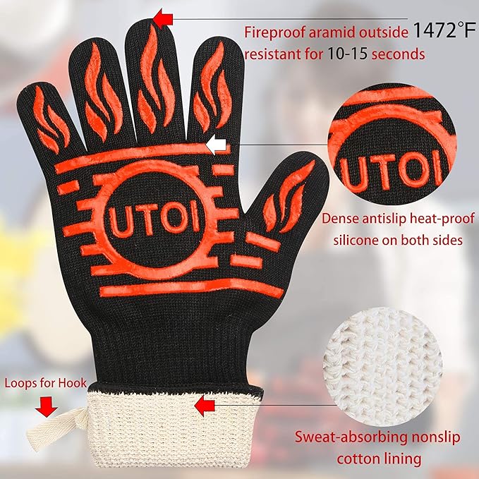 BBQ Grill Gloves Kit, 1472°F Heat Resistant BBQ Gloves, Meat Shredder Claws & Silicone Basting
