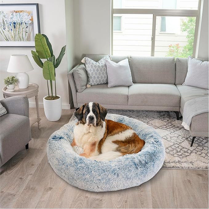 Best Friends by Sheri Original Calming Donut Dog and Cat Bed, Shag Faux Fur, Denim Blue, XL (45in x