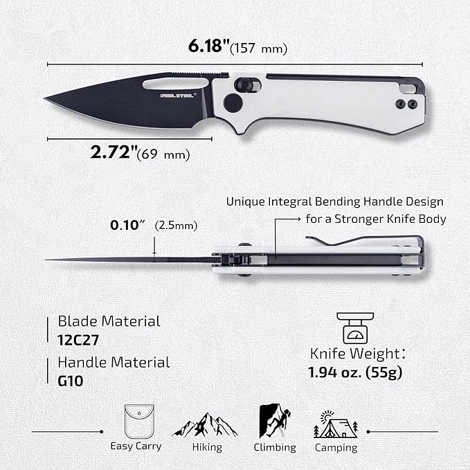 REALSTEEL VIS Pocket Knife, Folding Knife, Crossbar Lock, 2.72" Small 12C27 Steel PVD Black Blade