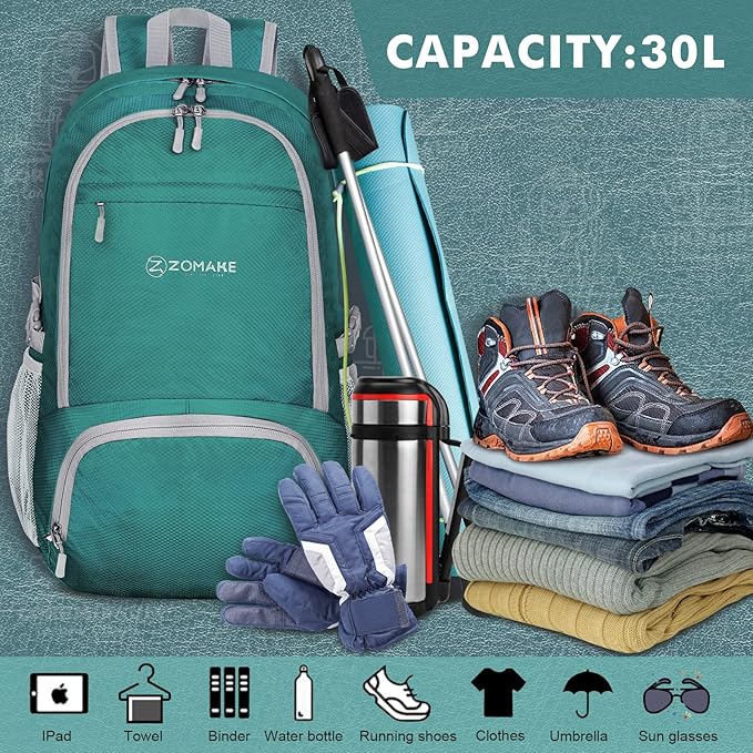 ZOMAKE Lightweight Packable Backpack 30L, Foldable Hiking Backpacks Water Resistant Compact Folding