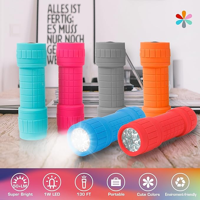 EverBrite 9-LED Flashlight 6-Pack Impact Handheld Torch Assorted Colors with Lanyard 3AAA Battery