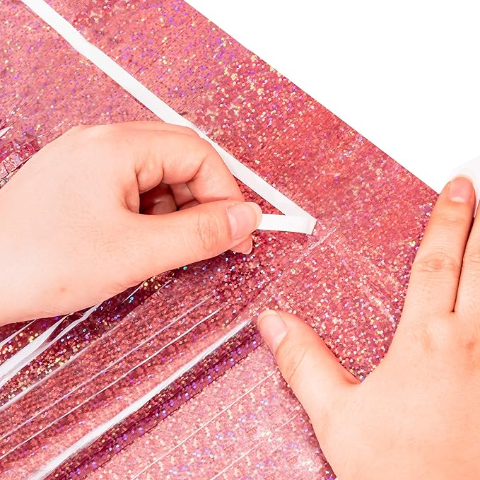 BRAVESHINE Rose-Gold Tinsel Foil Fringe Curtains - 2Pcs 3.2x8.2ft Metallic Holiday Photo Booth
